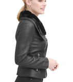 Asymmetrical Zip Leather Moto Jacket w/ Faux-Fur Collar