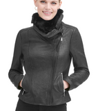 Asymmetrical Zip Leather Moto Jacket w/ Faux-Fur Collar