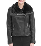 Asymmetrical Zip Leather Moto Jacket w/ Faux-Fur Collar