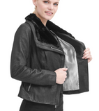 Asymmetrical Zip Leather Moto Jacket w/ Faux-Fur Collar