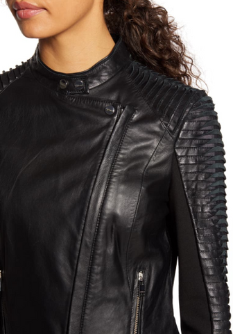 Azra Statement Sleeve Leather Moto Jacket