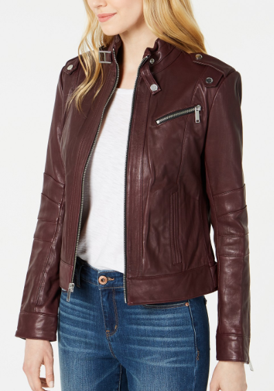 Front-Zip Leather Moto Jacket