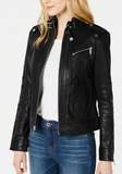 Front-Zip Leather Moto Jacket