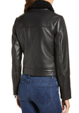 Genuine Shearling Collar Leather Moto Jacket