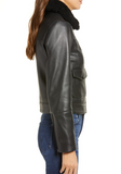 Genuine Shearling Collar Leather Moto Jacket