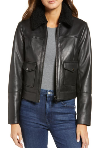 Genuine Shearling Collar Leather Moto Jacket