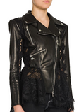 Lace-Trim Leather Peplum Moto Jacket