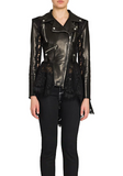 Lace-Trim Leather Peplum Moto Jacket