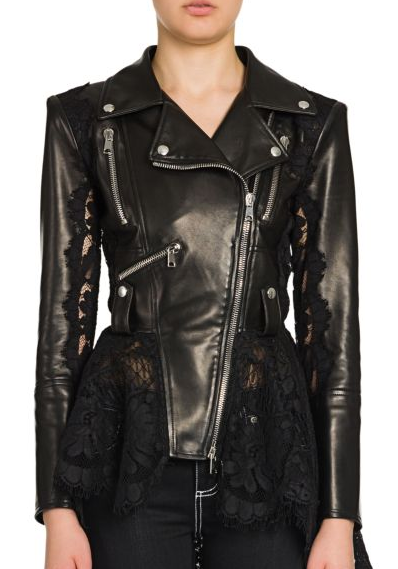 Lace-Trim Leather Peplum Moto Jacket