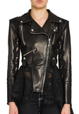 Lace-Trim Leather Peplum Moto Jacket
