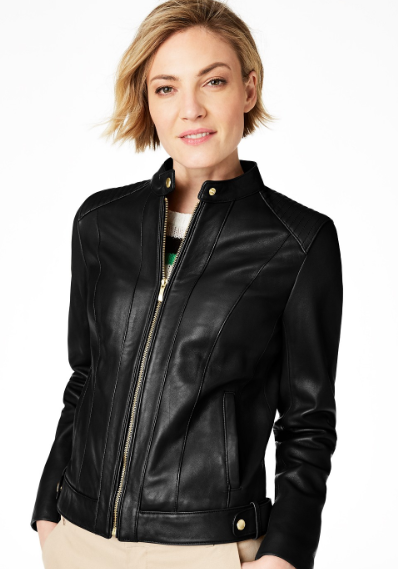 Petite Snap-Neck Leather Moto Jacket