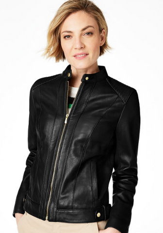 Petite Snap-Neck Leather Moto Jacket