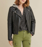 Quilted Shoulder Leather Moto Cycle Jacket