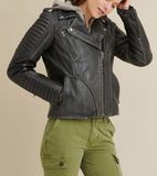 Quilted Shoulder Leather Moto Cycle Jacket