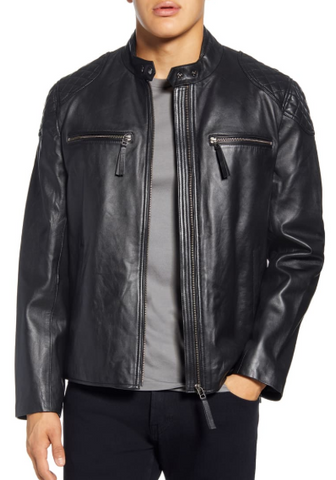 Quilted Shoulder Lambskin Leather Moto Jacket