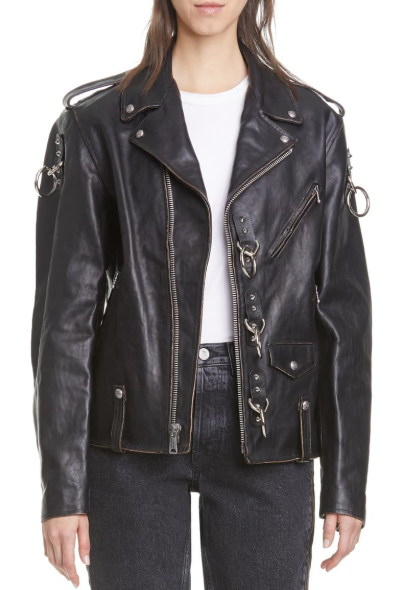Ring Detail Refurbished Leather Moto Jacket